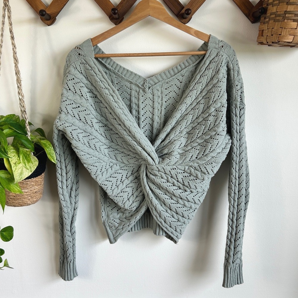 Jessica Simpson Sage Green Pointelle Cable Knit Twist Front Sweater Boho